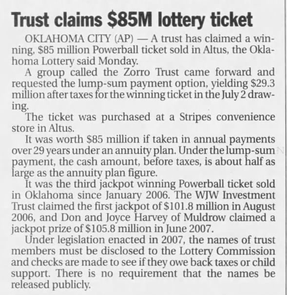 Zorro Trust claims a winning $85 million Powerball ticket purchased in Altus, Oklahoma